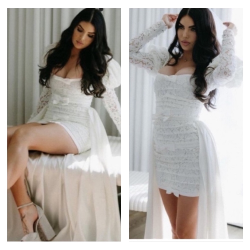 For Love & Lemons White Lace Mini Dress with Draped Train